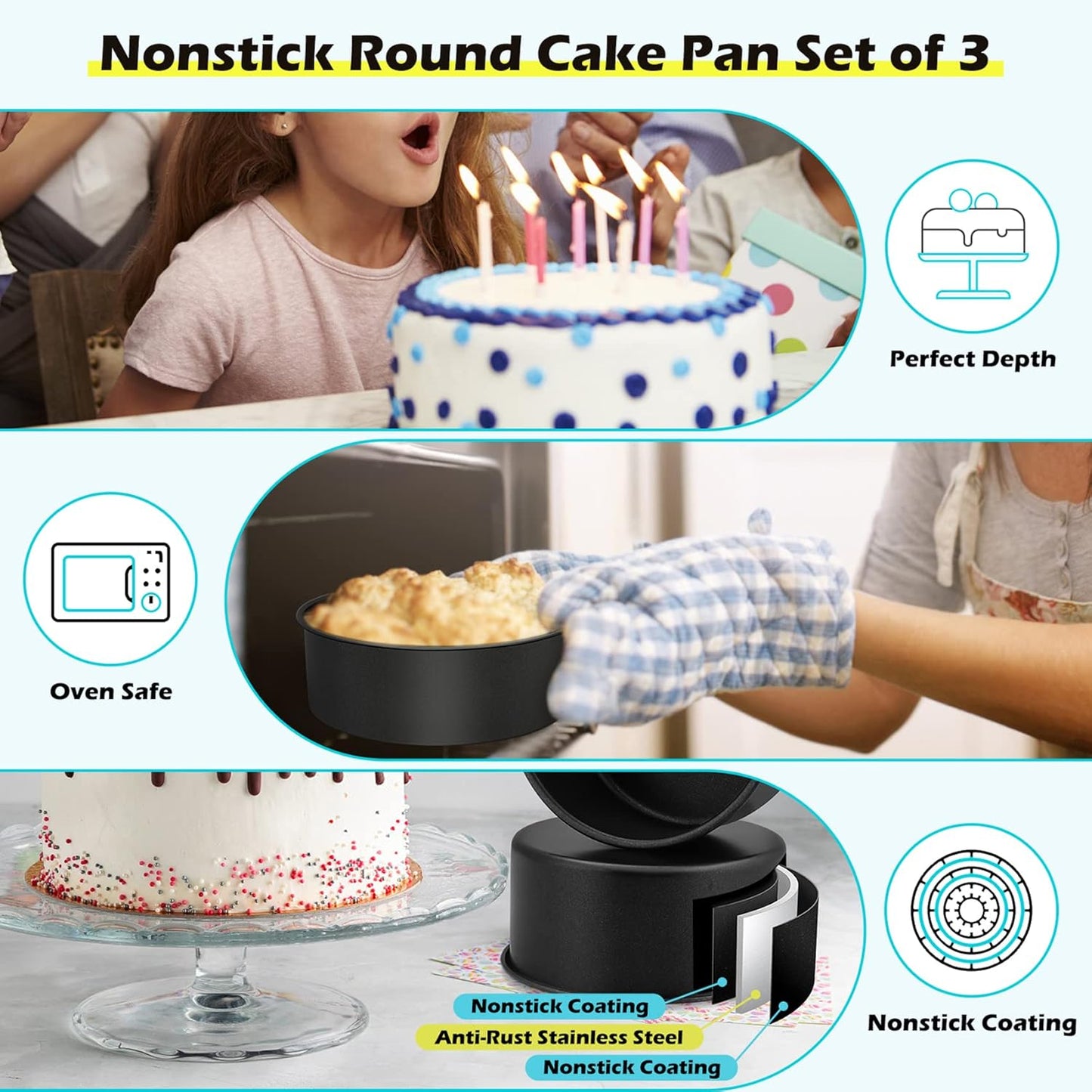LIANYU 8 × 3 Inch Cake Pan Set of 3, Nonstick Stainless Steel Baking Pan for Cake, Rust Resistant
