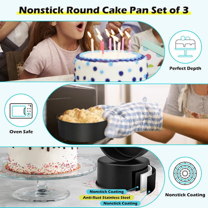LIANYU 8 × 3 Inch Cake Pan Set of 3, Nonstick Stainless Steel Baking Pan for Cake, Rust Resistant