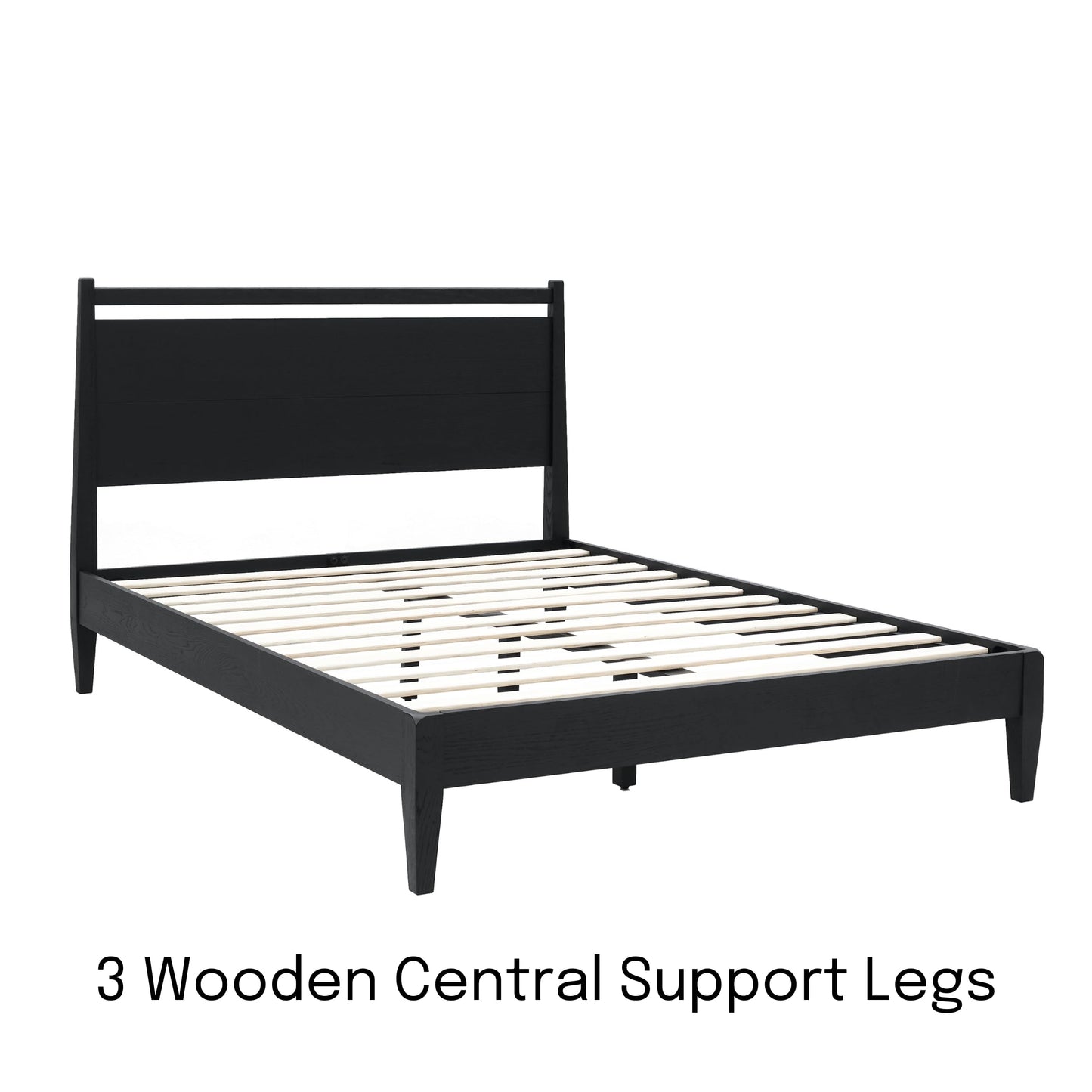 NTC Adept Wooden Bed Frame with Headboard, Solid Oak and Rubber Wood Foundation with Silent Slats and Wood Central Supports, 1000 Lb Capacity, Effortless Assembly, King - Burnt Black