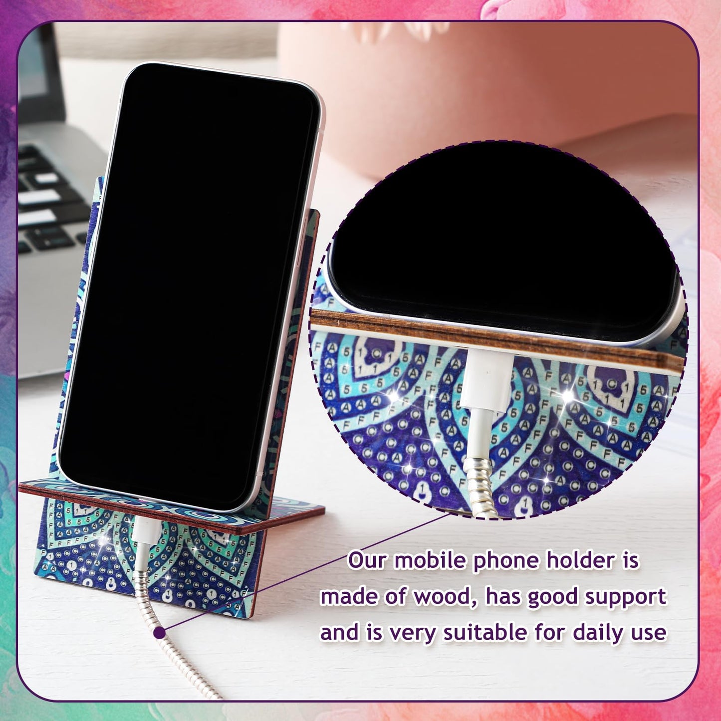 Saillong 4 Pcs Large Mandala Diamond Painting Cell Phone Stand 5.5 Inch DIY Full Drill Crystal Diamond Art Phone Holder Bling Painting Art Craft Kits for Beginner Adult