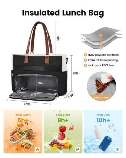 LOVEVOOK Lunch Bag, Tote Bag for Women with Insulated Lunch Compartment, Laptop Bag with Large Capacity & Cup Holder, Work Tote for Teacher, Nurse, Travel, College, Daily, Black-Beige-Brown, 15.6 Inch