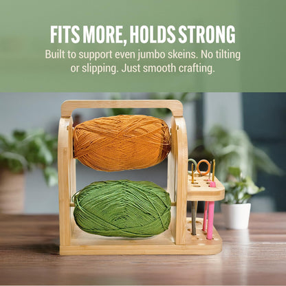Yarn Holder for Crochet Accessories – Durable Bamboo Wood Knitting Accessories Yarn Storage Organizer with Built-in Phone Stand – Tangle-Free Dual Rods and Tool Holder – Works with Skein, Cake, Ball