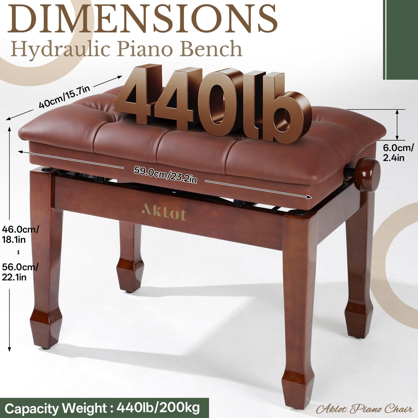 AKLOT Hydraulic Piano Bench, Keyboard Bench with Padded Cushion, Ajustbale Heavy Duty Piano Seat with High-Density Sponge, Piano Stool 23.22"X 15.75" Solid Wooden Piano Chair for Pianist（Walnut