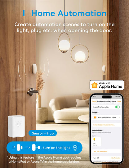Meross Smart WiFi Door & Window Sensor Kit, Support Apple HomeKit, Alexa, SmartThings, Mini Wireless Detector Burglar Alert, 328ft Range, Home Automation for Security & Kid Safety, Meross Hub Included