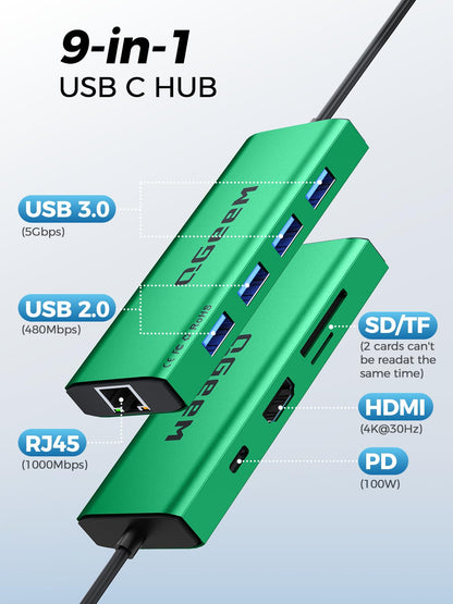 QGeeM USB C Hub Ethernet,9 in 1 USB Type C Hub HDMI Multi-Port Converter Adapter,100W Pd, USB 3.0,SD/TF Card Reader,Compatible for MacBook Pro Air Ipad HP Dell Lenovo Chromebook etc.
