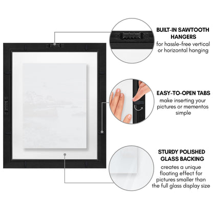 Americanflat 11x14 Floating Picture Frame with Polished Crystal-Clear Glass - Use as 8x10 Picture Frame or Display 5x7 Photo - Signature Float Collection - Photo Frames for Wall Display - Black