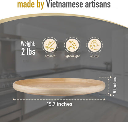 15.7" LEXA Bamboo Round Serving Tray Large Handcrafted Wooden Tray for Food, Ottoman, Coffee Table, Kitchen