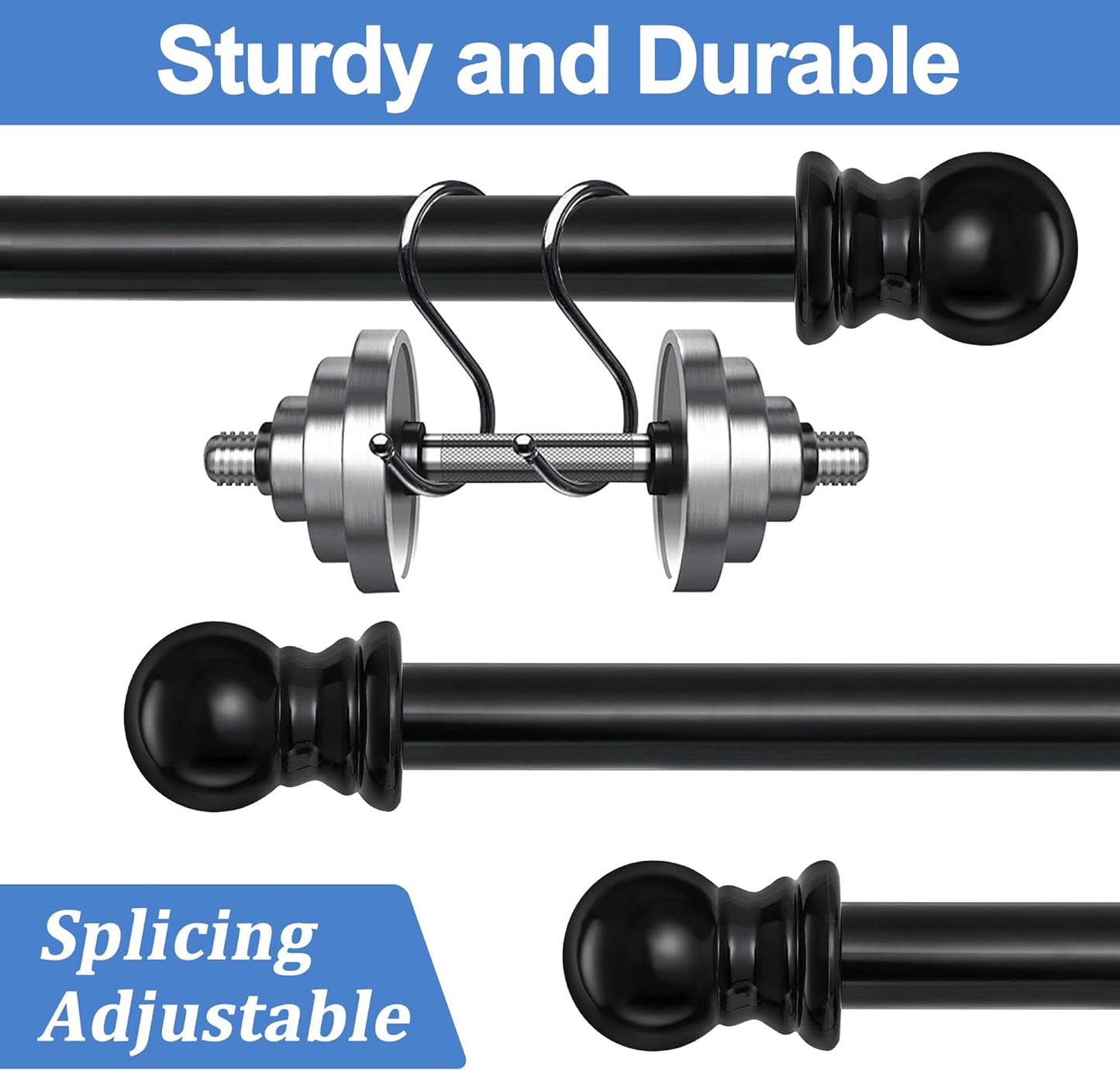 Curtain Rod, 48" - 84" Adjustable Black Curtain Rods for Windows, 1" Diameter with Brackets