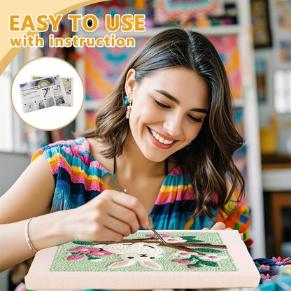 DOODLREAM Rabbit On Branch DIY Punch Needle Embroidery Kit for Adult Beginner, 9.4" Bunny Flower Punch Stitching Craft Set for Starter with Frame,Fabric Pattern,Threader, Yarn, Pinch Needle