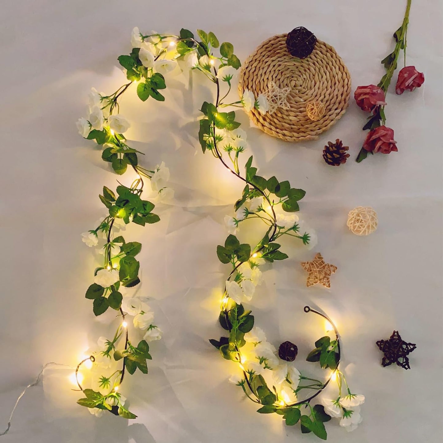 20 6FT Fielegen LED Rose Flower String Lights with Timer, Artificial Flower Garland with Lights Hanging Floral Garland