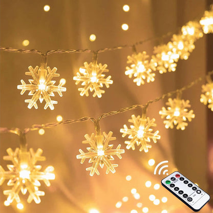Christmas Snowflake String Lights, 20 FT 40 LED Warm White Battery Operated Fairy Lights with Remote Timer for Indoor