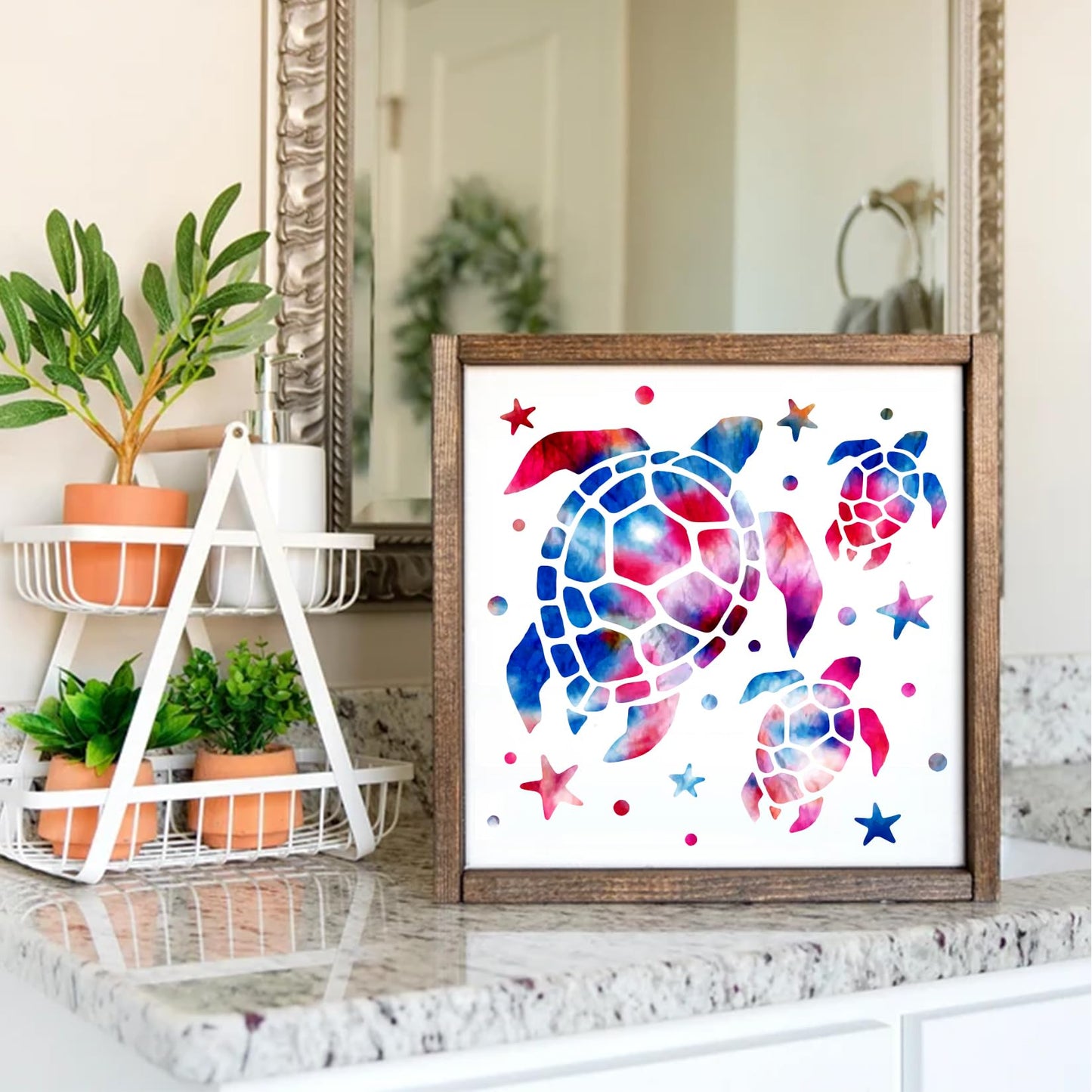 Ocean Stencils for Painting On Wood Turtle Seahorse Starfish Jellyfish Templates for Art Crafts Plastic Reusable Wood Burning Stencils for Wall Canvas (Sea)