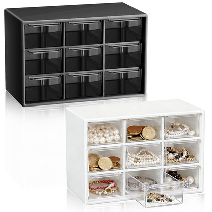 Wenqik 2 Pcs Mini Storage Drawers Teacher Toolbox Organizer with 9 Clear Drawers Small Plastic Desktop Teacher Desk Craft Organizer for Classroom Office 7" x 3. 9" x 4. 7" (Black, White)