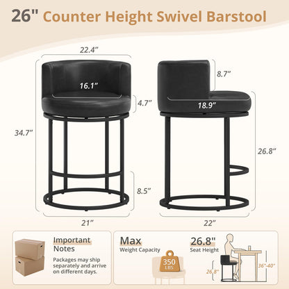 LUE BONA 26.8" Counter Height Bar Stools Set of 3, 180° Swivel Bar Stools, Modern Barrel Counter Stools with Back and Metal Frame, Faux Leather Upholstered Barstools for Kitchen Island, Black