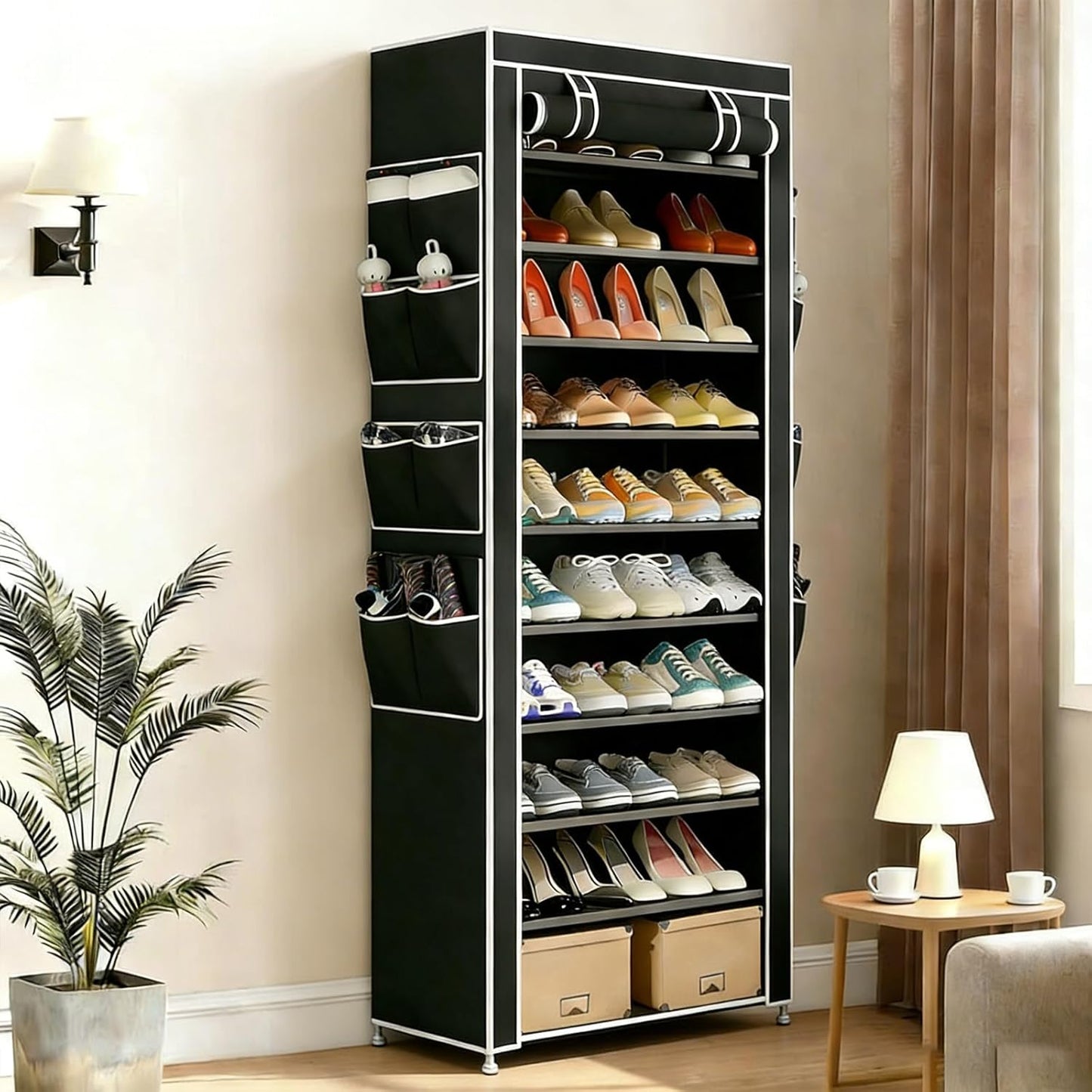 HOACHAN 10-Tier 30-38 Closet Shoe Rack with Dustproof Cover, Large Capacity Shoes Storage Organizer Holds Pairs