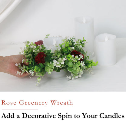 Acmee 4 Pcs Rose Floral Candle Rings Artificial Burgundy Flowers Wreaths with Green Eucalyptus Leaves Rose Candle Rings for Pillar Wedding Farmhouse Centerpiece Home Decor