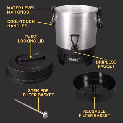Homecraft 45-Cup Coffee & Hot Beverage Urn - Quick Brewing, Drip-Free Spout, Water Level Markings, Reusable Filter, & Carry Handles - Aluminum