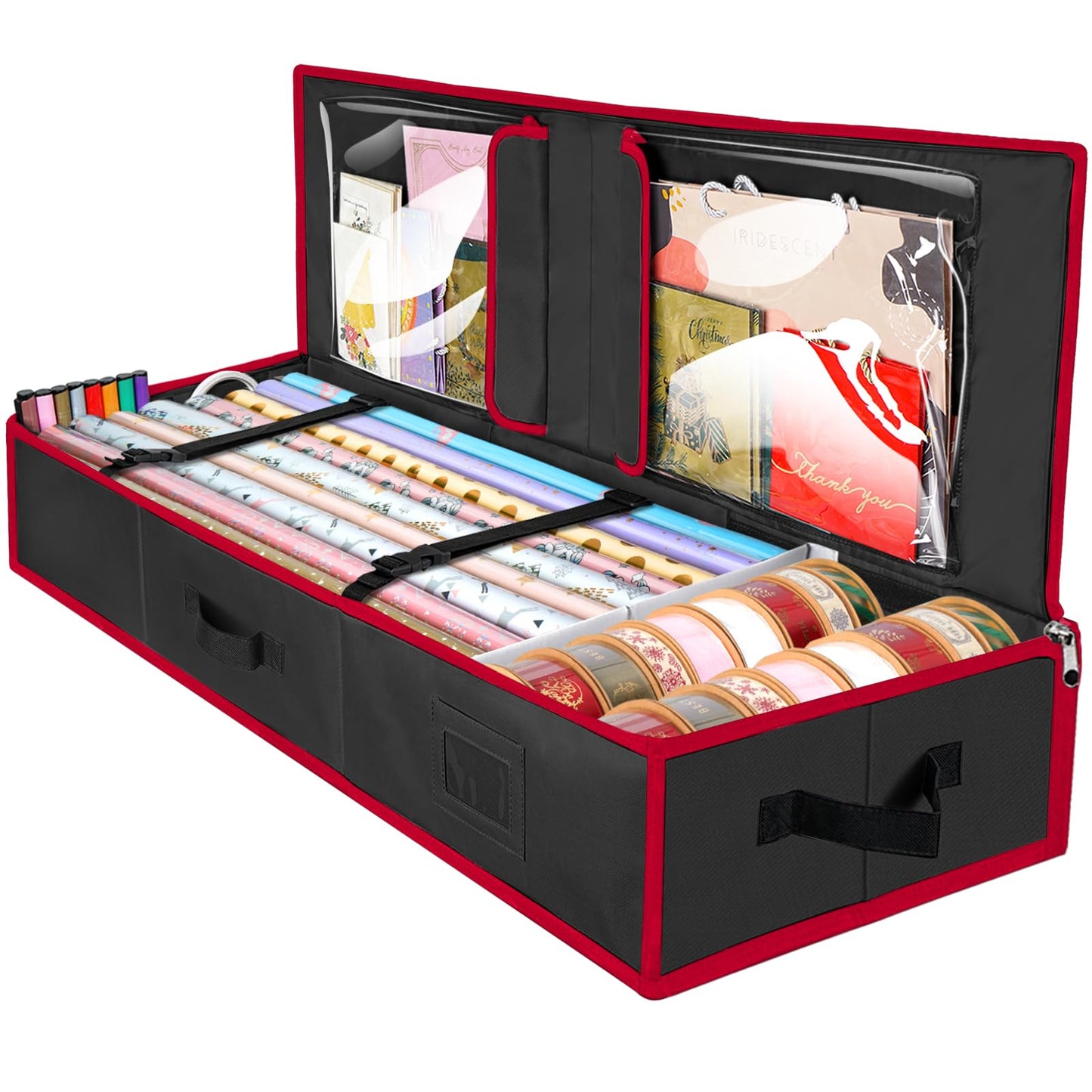 BALEINE Wrapping Paper Storage Organizer, 40" Durable 600D Oxford Fabric Gift Wrap Storage Bag with Flexible Partitions for Ribbon, Holiday Accessories (Black/Red)