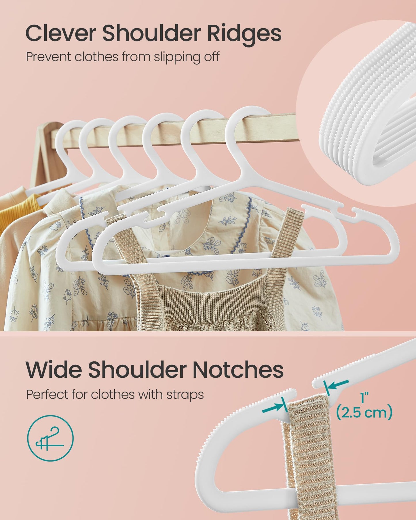 SONGMICS Kids Hangers 100 Pack, Plastic Baby Hangers for Closet, 14 x 7 Inches, for Children Aged 7-12 Years, Space-Saving, Non-Slip, Cloud White UCRP190W01