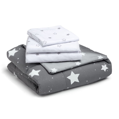 Delta 4-Piece Reversible Toddler Bedding Set - Fitted Sheet, Top Sheet, Pillowcase, 2-in-1 Comforter - For Boys, Dusty Skies & Grey Stars