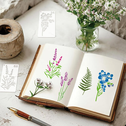 60pcs Small Floral Stencils for Painting on Wood Reusable Flower Wildflower Stencil Templates for Crafts Vine Herb Botanical Leaf Plant Stencils for Drawing on Wall Canvas Furniture(floral60)