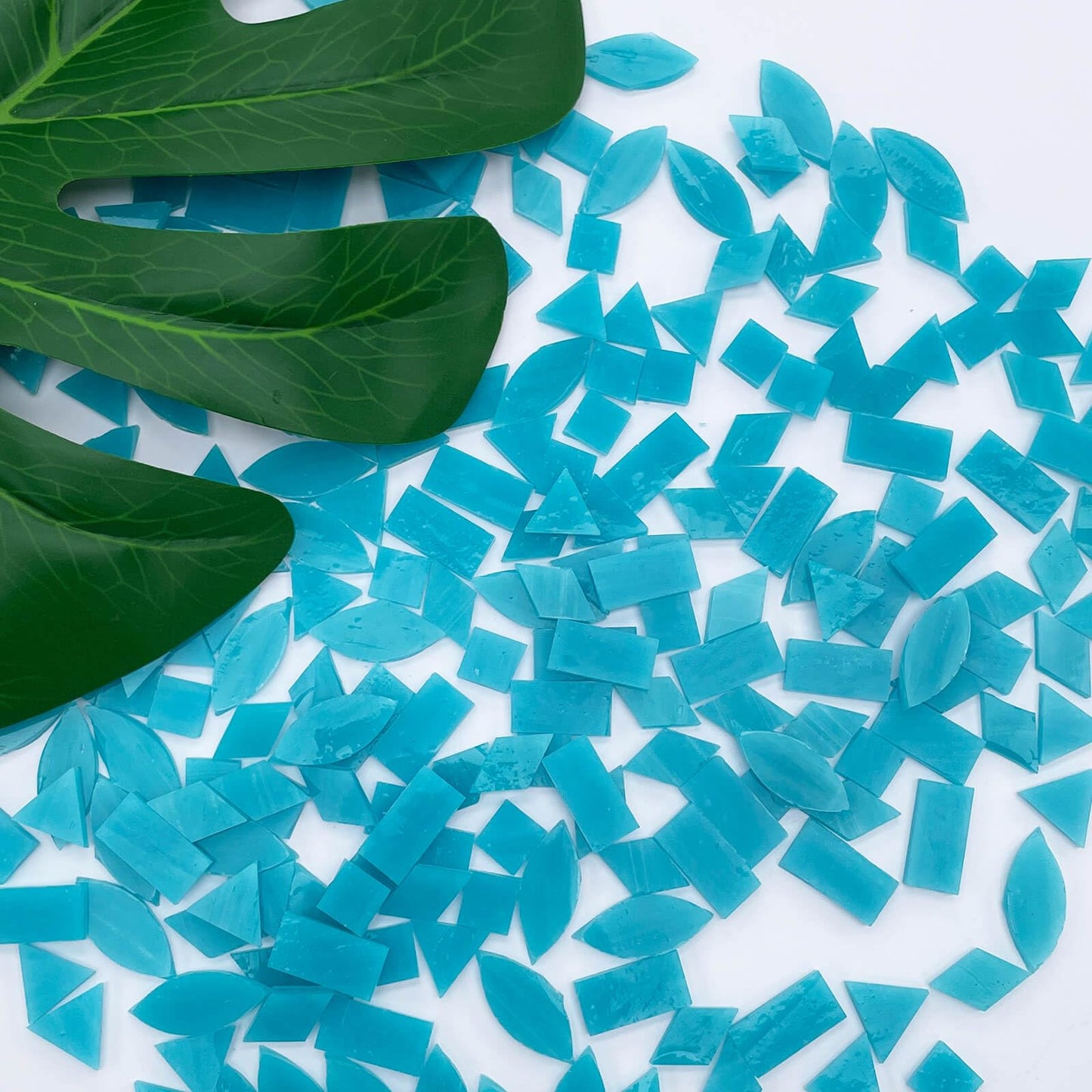 LITMIND Teal Blue Stained Glass Mosaic Tiles - 240 Pieces in 5 Shapes (Rectangle, Triangle, Rhombus, Square, Leaf) Mixed Sizes for Crafts, Mosaic Projects & Home Décor