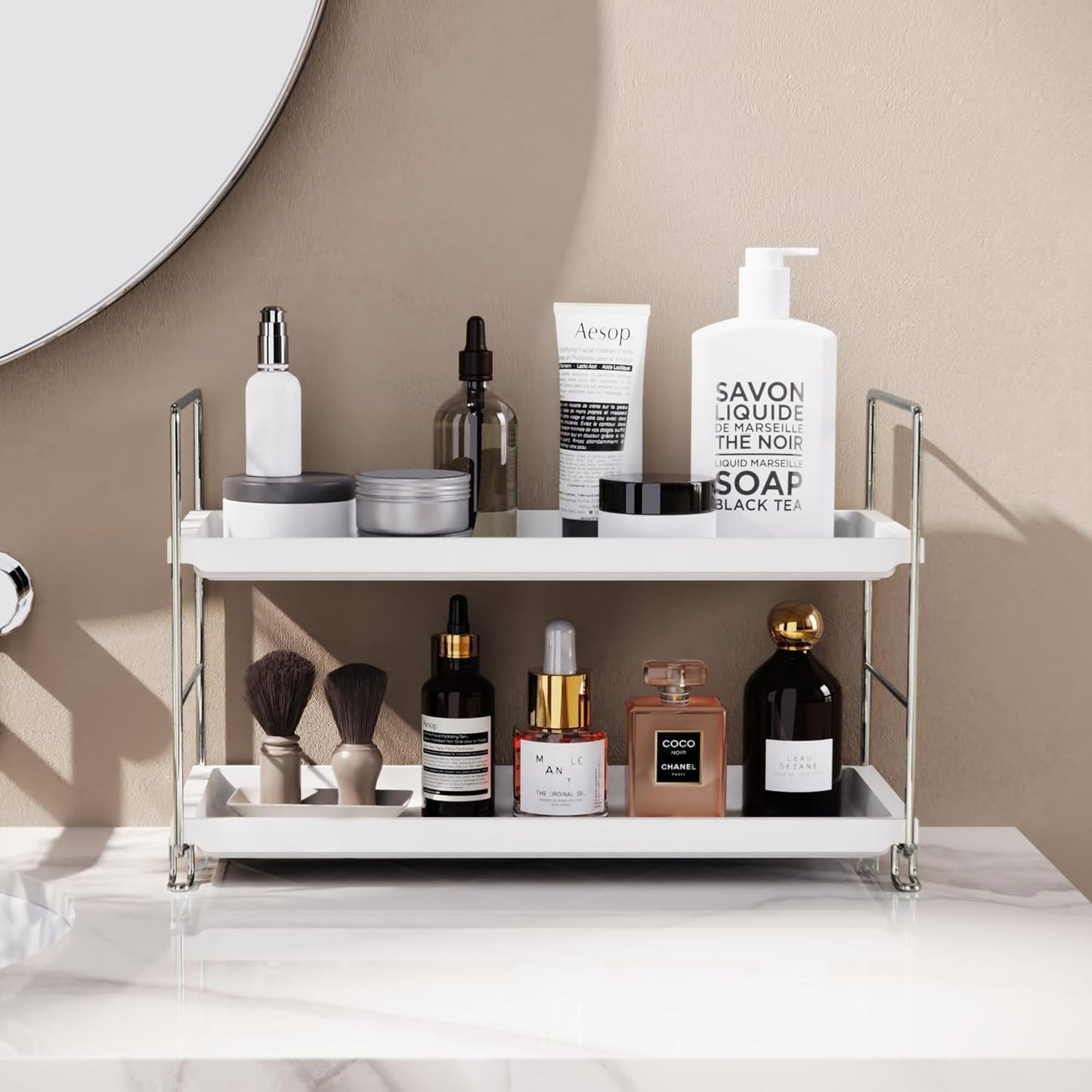 FSyueyun 2-Tier Makeup Shelf Organizer, Large Space Vanity Countertop Storage for Bathroom or Kitchen Spice Rack