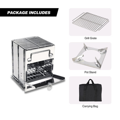 REDCAMP Wood Burning Folding Camp Stove Stainless Steel Grill and Pot Stand, Portable Collapsible Backpacking Stove Survival Rocket Stove for Hiking Outdoor Tent Camping Picnic, Largel with Pot Stand