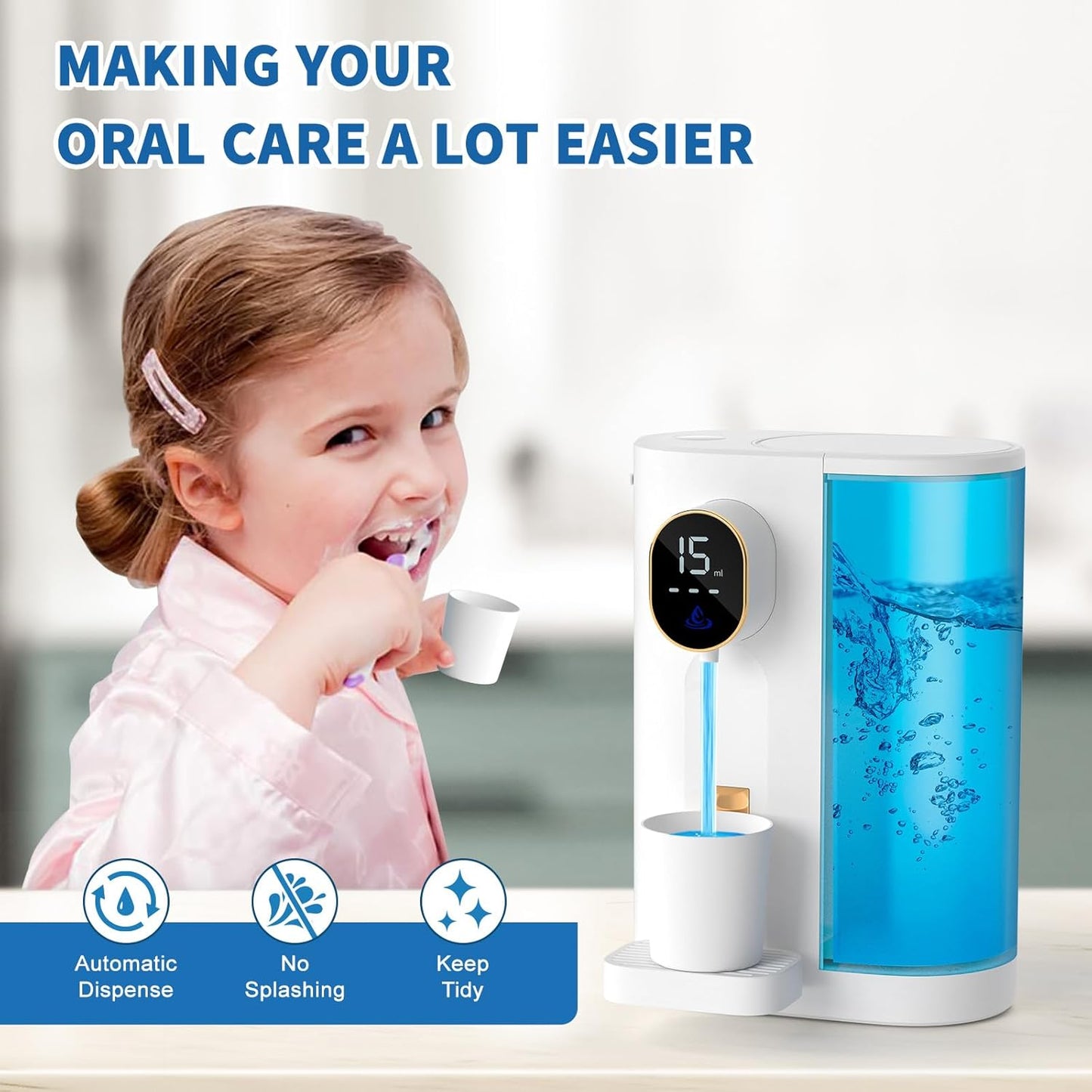20.3 oz 4 Wall/Countertop, Automatic Mouthwash Dispenser Touchless for Bathroom, Dispensing Levels, Magnetic Cup, USB