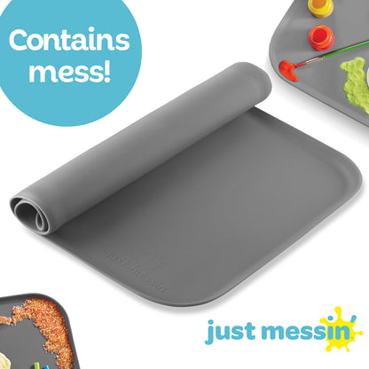 Just Messin' Silicone Art Mat Bundle – 16”x26” Gray & 12”x18” Blue Mats with High .6" Edge, Non-Slip, Heat Resistant for Crafts, Resin,Paint & Jewelry-Making