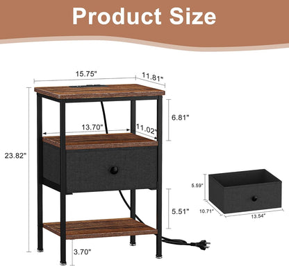 VECELO Nightstand with Charging Station,Bedside Table with Storage Shelf&Fabric Drawer,End Tables for Bedroom,Living