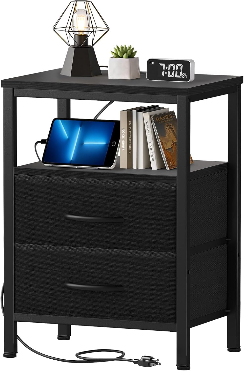 2 Nightstand with Charging Station, Bedside Table with USB Ports & Outlets, Small Dresser End Table with Fabric Drawer
