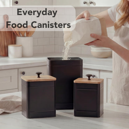 PERFNIQUE Kitchen Canisters for Countertop Set of 3, Airtight Canisters Sets for the Kitchen Counter with Lid, Metal Farmhouse Food Storage Containers Jars for Flour Sugar Coffee Tea Spice (Black)