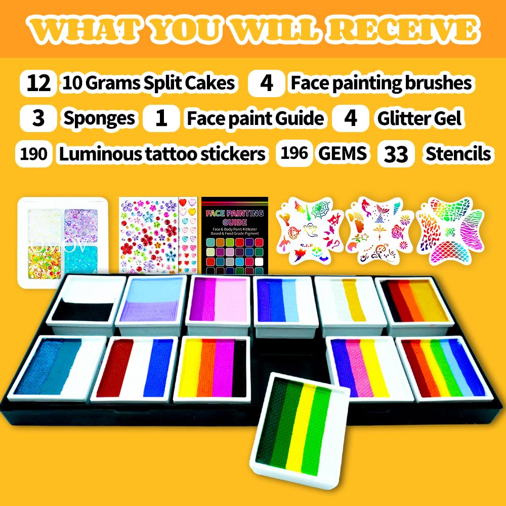48 Colors Face Painting Kit for Kids & Adults, Non-Toxic Water Based Face Paint Palette with12 Rainbow Split Cakes +4 Sequins Gels, Includes Brush,Stencils,Glow Stickers Halloween Christmas Body Paint