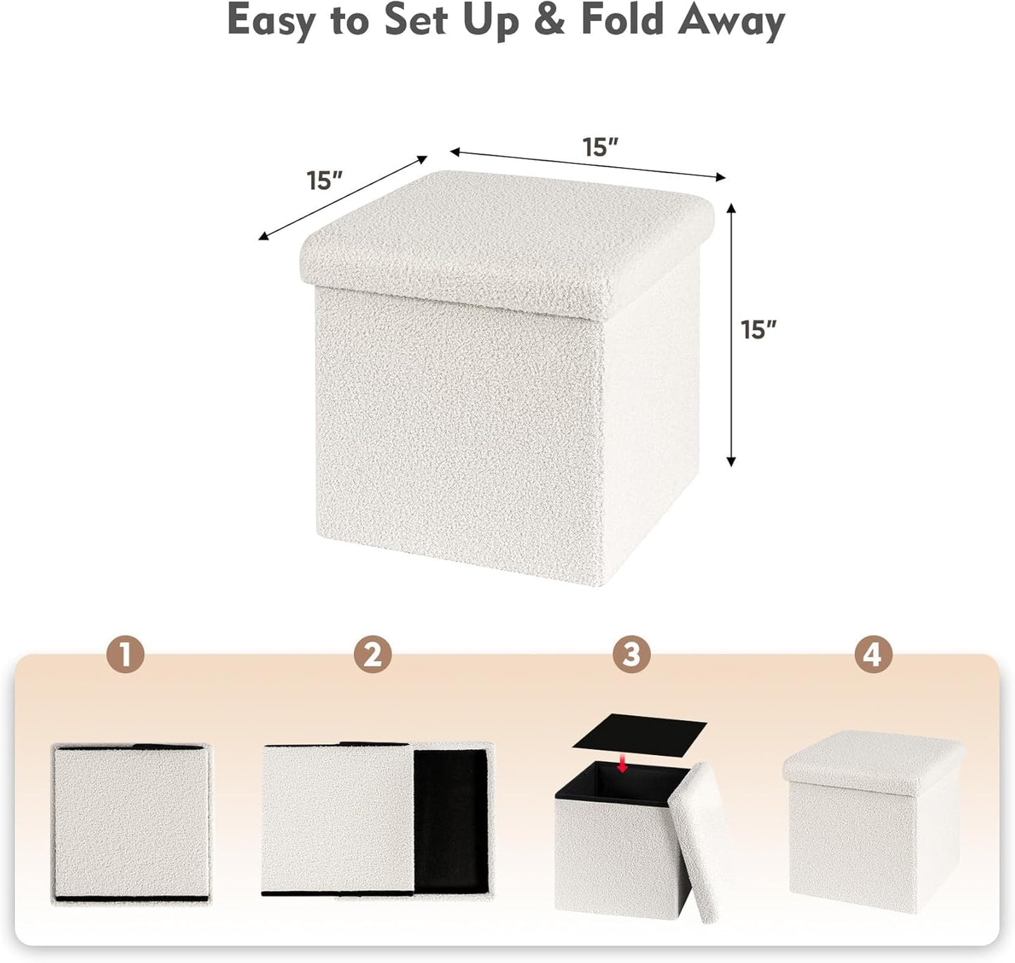 15"x15"x15" B FSOBEIIALEO Small Storage Ottoman Cube Sherpa Ottomans Foot Rest, Foldable Boucle Ottoman, Faux Teddy