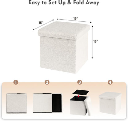 15"x15"x15" B FSOBEIIALEO Small Storage Ottoman Cube Sherpa Ottomans Foot Rest, Foldable Boucle Ottoman, Faux Teddy