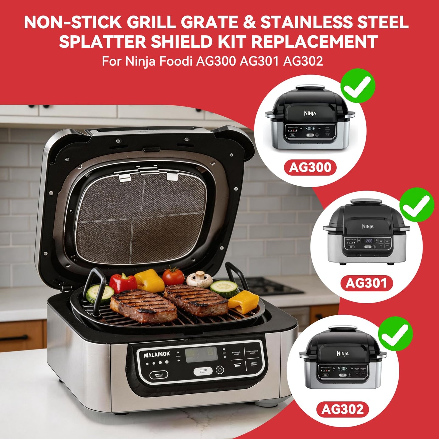 Grill Grate and Splatter Shield for Ninja Foodi 5-in-1 Grill Parts, Non-Stick Griddle Pan and Splatter Screen for Ninja Foodi AG300, AG301C, AG302, AG400 Accessories