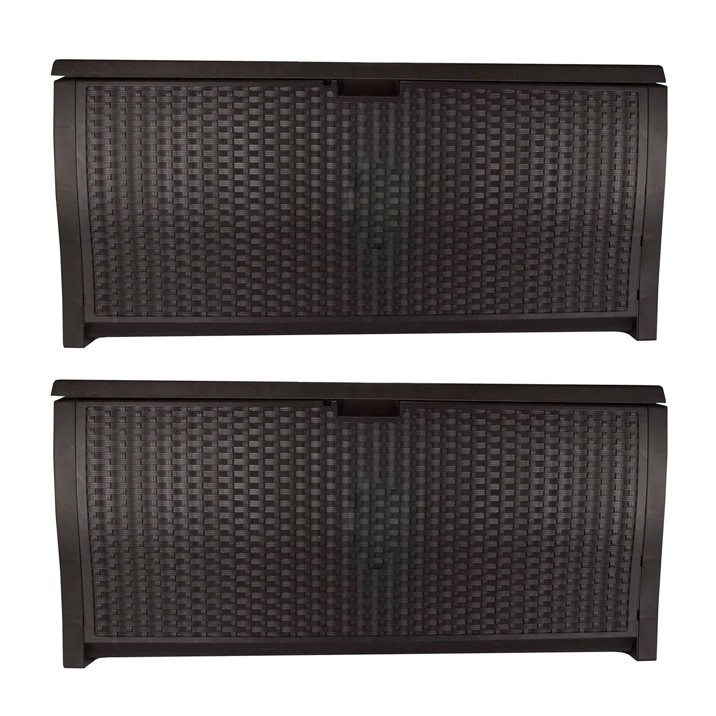 Suncast 99 Gallon Plastic Wicker Deck Box Container Storage for Garden, Garage, Home, Pool, Indoor and Outdoor Use, Mocha (2 Pack)