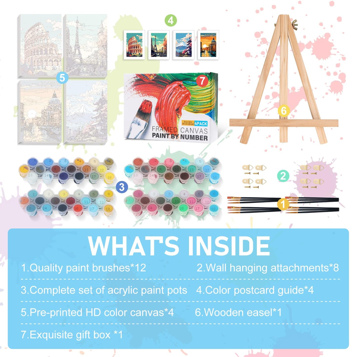 Offito 4 Pack Framed Paint by Numbers Kit for Adults Beginners with Wooden Easel, Landscape Easy Paint by Number Kit with Frame, Watercolor Adult Paint by Number Framed Canvas (8 * 12 Inch)