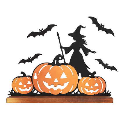 Pracaniz Halloween Pumpkin Shelf Decor, Witch Bat Iron Silhouette Tabletop Shelf Sitter with Rustic Wood Base, Halloween Mantel Decor Indoor, Witchy Gothic Accent for Crystals, 11" × 7.5"