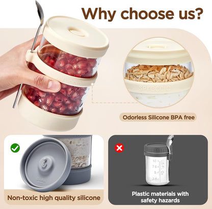 16 oz [2 Pack], Glass Overnight Oats Containers with Lids of Silicone and Spoon Airtight Overnight Oats Jars