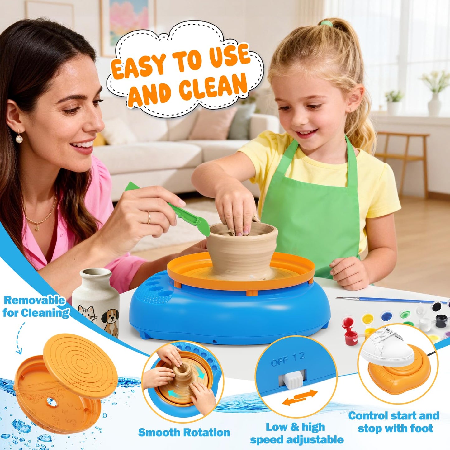Pottery Wheel for Kids Complete DIY Pottery Painting Kit, Arts and Crafts for Kids Ages 8-12 with 3 Air-Dry Clay Packs and Tools, Art Supplies Toys Birthday Easter Gift for Boys Girls 6+ Years Old