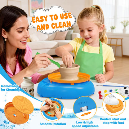 Pottery Wheel for Kids Complete DIY Pottery Painting Kit, Arts and Crafts for Kids Ages 8-12 with 3 Air-Dry Clay Packs and Tools, Art Supplies Toys Birthday Easter Gift for Boys Girls 6+ Years Old