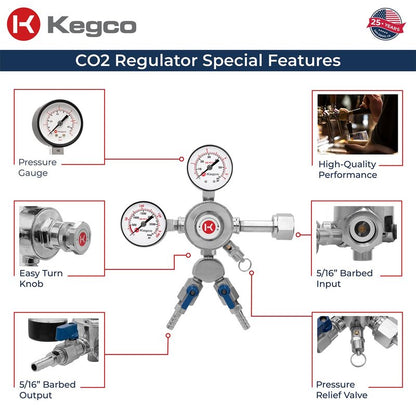 Kegco KC LH-542-2 Dual Product Premium Pro Series Dual Gauge Co2 Beer Regulator, Chrome