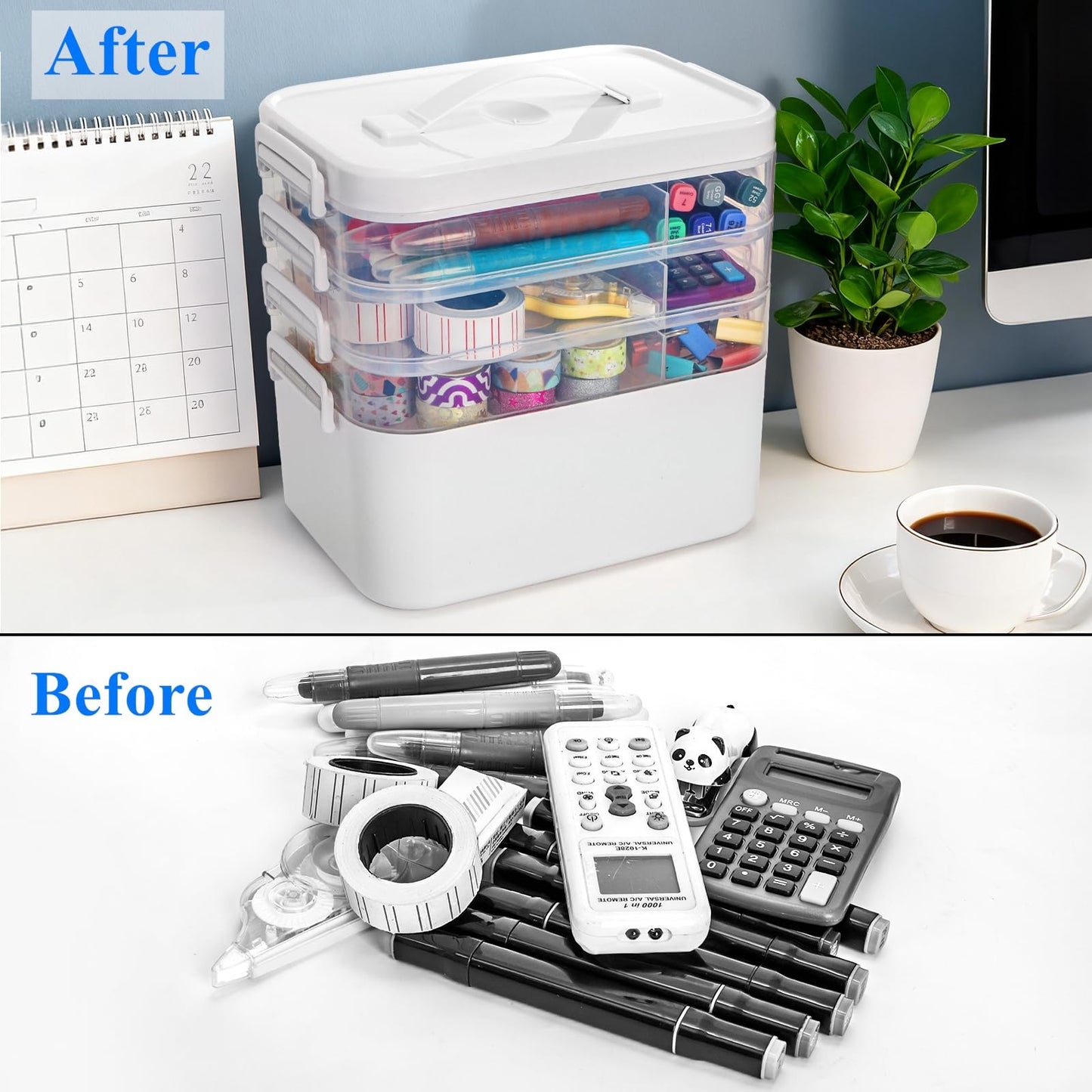 Tebery 4 Tier Plastic Craft Storage Organizer, Clear Stackable Arts Supply Box with Removable Tray, Portable Bead Jewelry Sewing Tool Container Case with Handle, Ideal for Home Studio Travel
