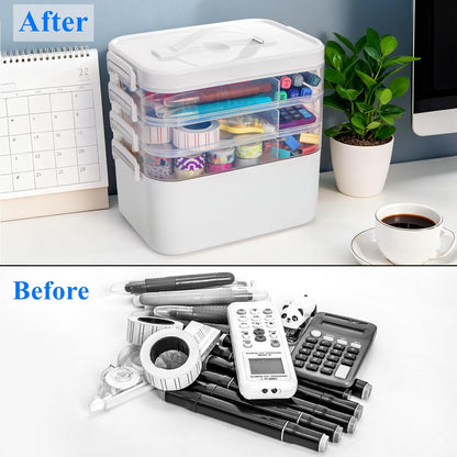 Tebery 4 Tier Plastic Craft Storage Organizer, Clear Stackable Arts Supply Box with Removable Tray, Portable Bead Jewelry Sewing Tool Container Case with Handle, Ideal for Home Studio Travel
