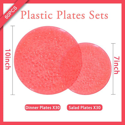 Rubtlamp 60Pcs Red Plastic Plates, Heavy Duty Clear Red Disposable Plates, Fancy Hammered Plastic plates Include 30 Dessert Platos, 30 Dinner Platos for Party Mother's Day