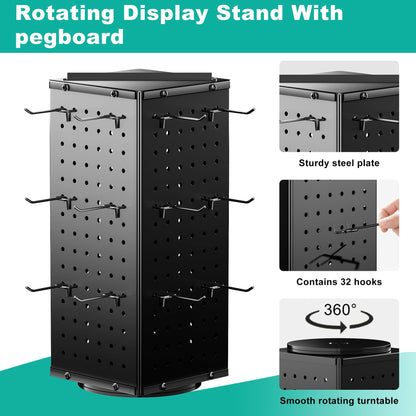 XVCGYK Rotating Peg Board Display Stand with 32 Hooks, Metal Revolving Pegboard Countertop Show Rack for Retail Vendors, 4-Sided Craft Rack Organizer for Keychain, Jewelry, Earring (Black)