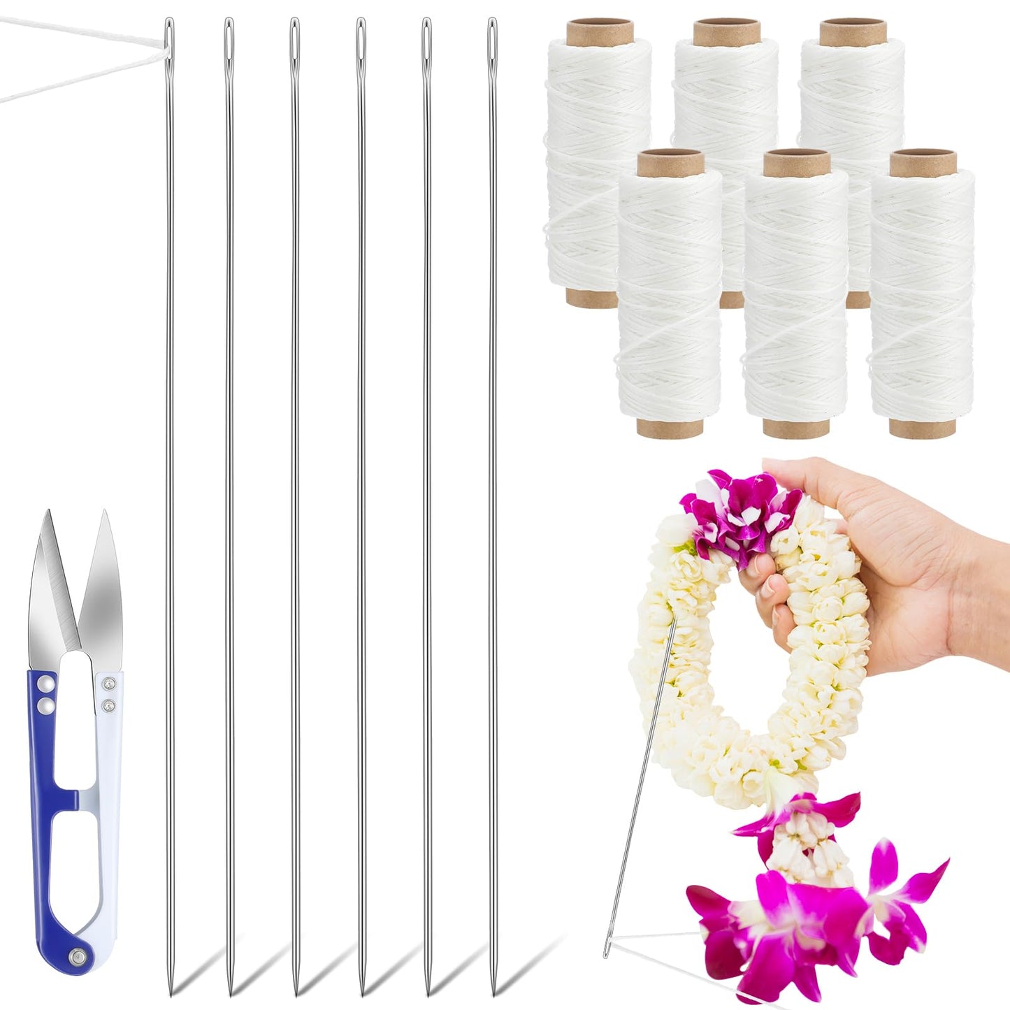 Leriton 13 Pcs Lei Needle Kit, 6 Pcs 14'' Stainless Steel Long Needle Fot Hawaiian Leis 6 Twine 1 Sewing Scissors Making Kit for DIY Graduation Hawaiian Flower Wreath Craft Accessory