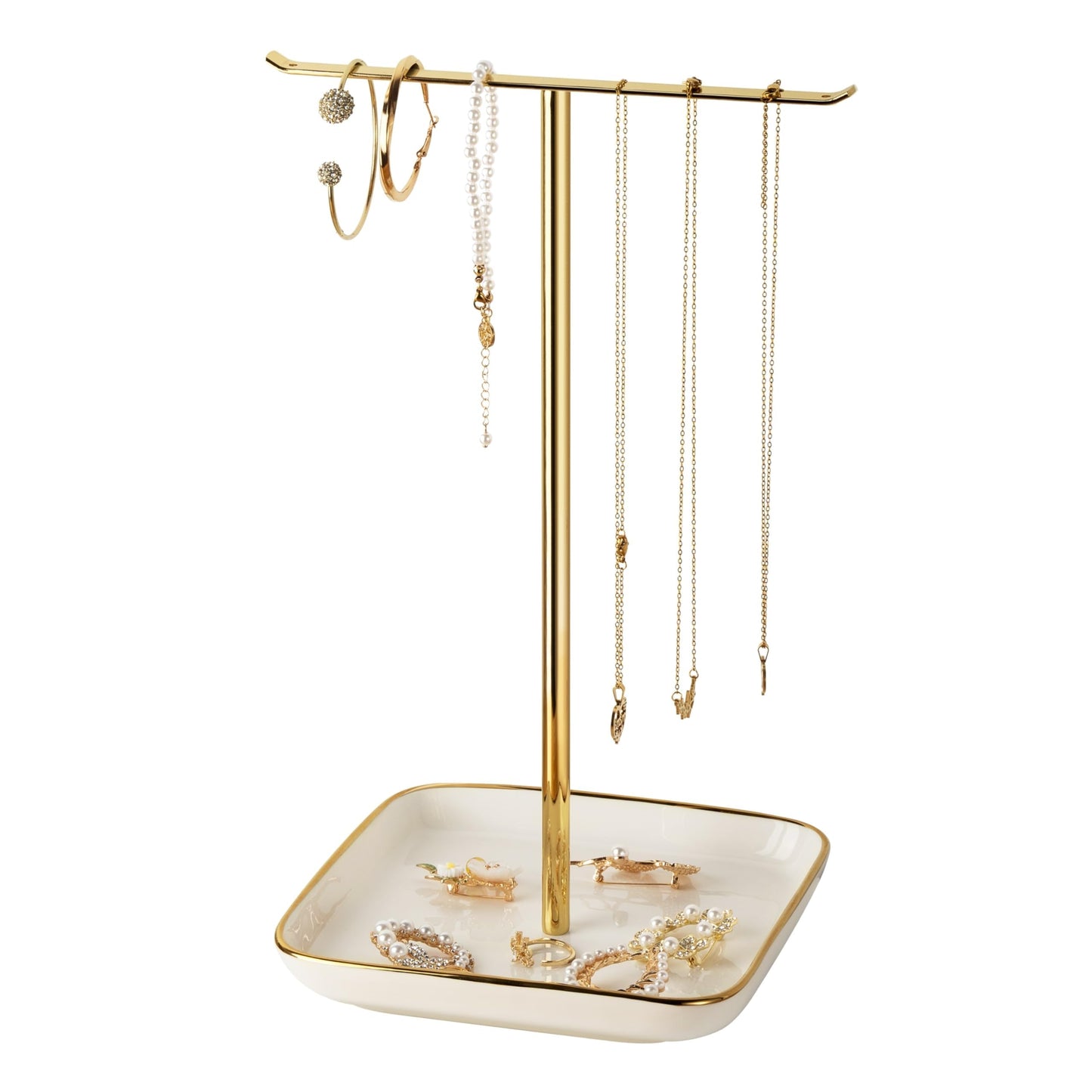 pickpiff Necklace Holder Stand with Ceramic Base: 12" Jewelry Tree Display Organizer for Necklaces, Bracelets, Rings, Earrings, Tall Gold Stand for Women, Aesthetic Room Décor, Gold and White